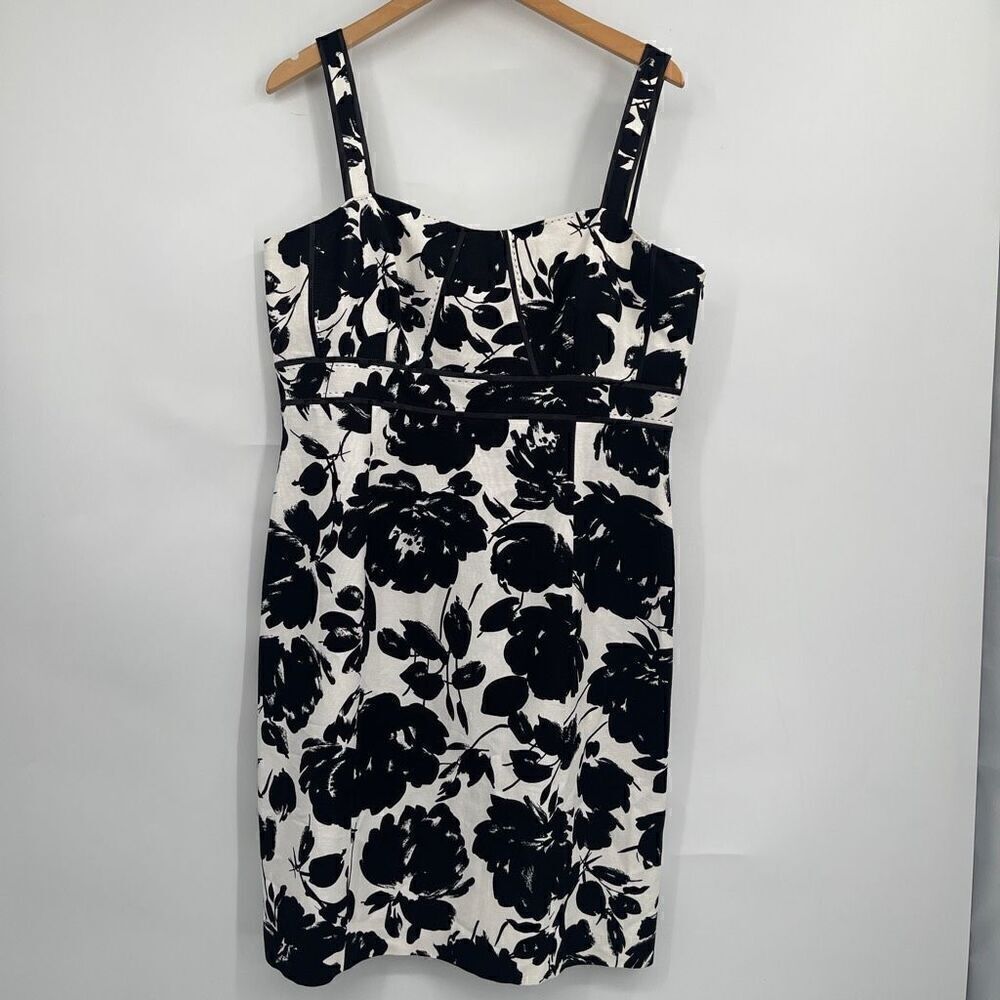 Tahari Arthur S Levine Womens Black White Sleeveless Floral A-Line Dress Size 14